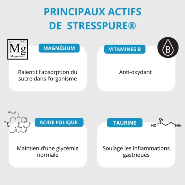 STRESSPURE® - Energie et stress ingrédients naturels glycérophosphate de magnésium vitamines B1 B2 B3 B6 taurine acide faulique